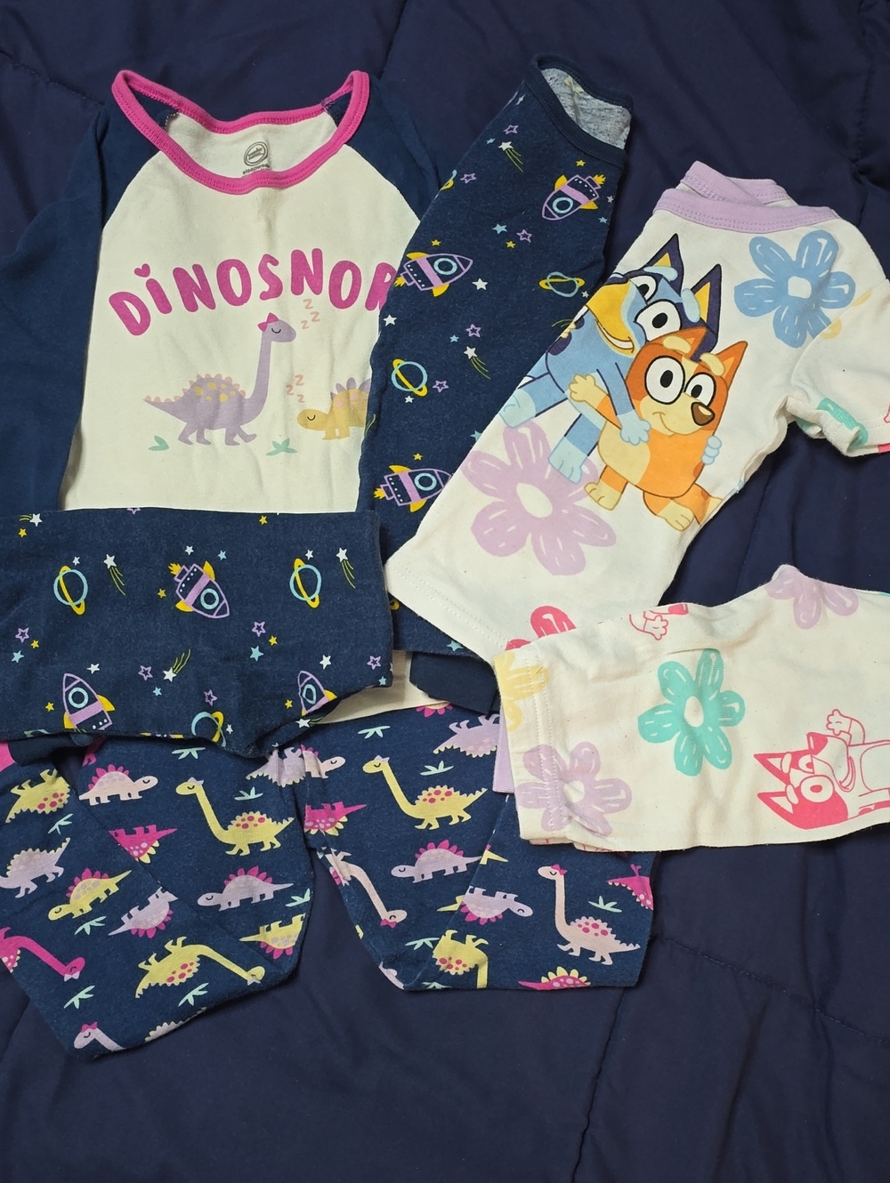 3 Kids Dino & Rocket & Bluey Pajama Sets - Pink, Navy, White 3T